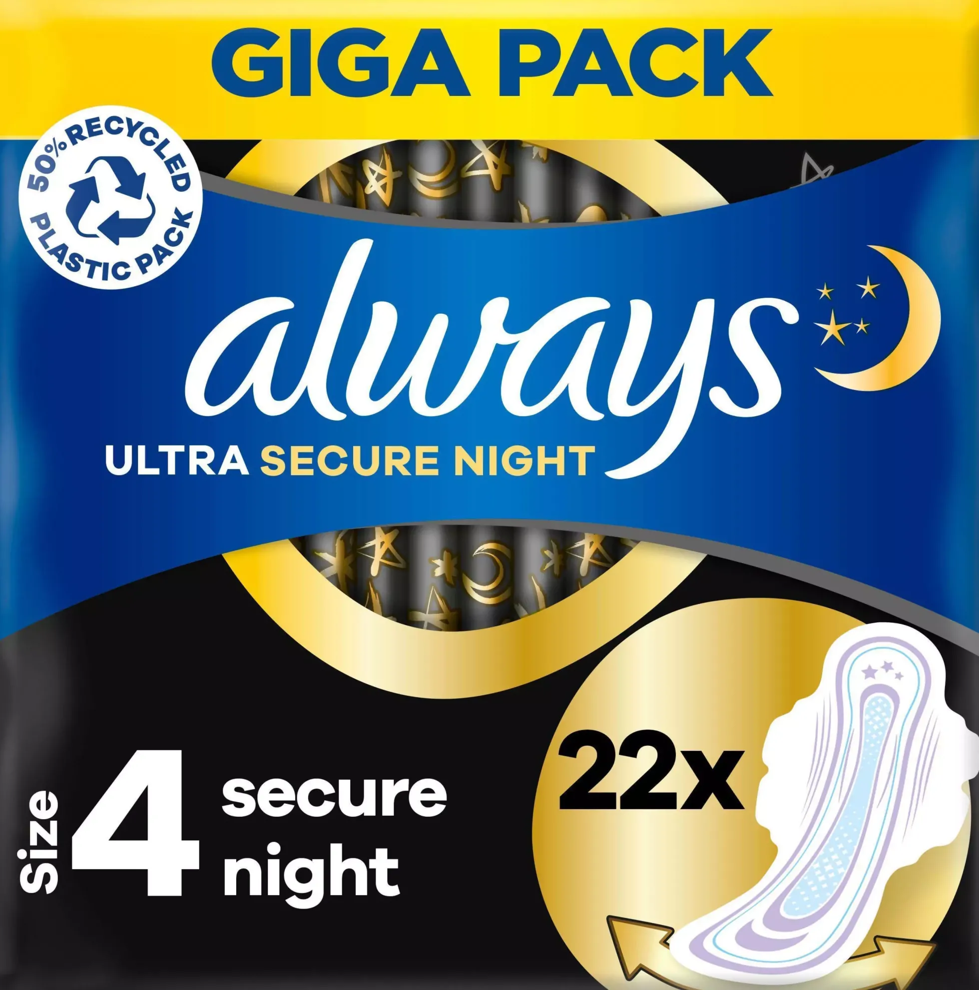 Always Ultra Secure Night (Size 4) Pads with wings 22 count