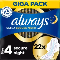 Always Ultra Secure Night (Size 4) Pads with wings 22 count
