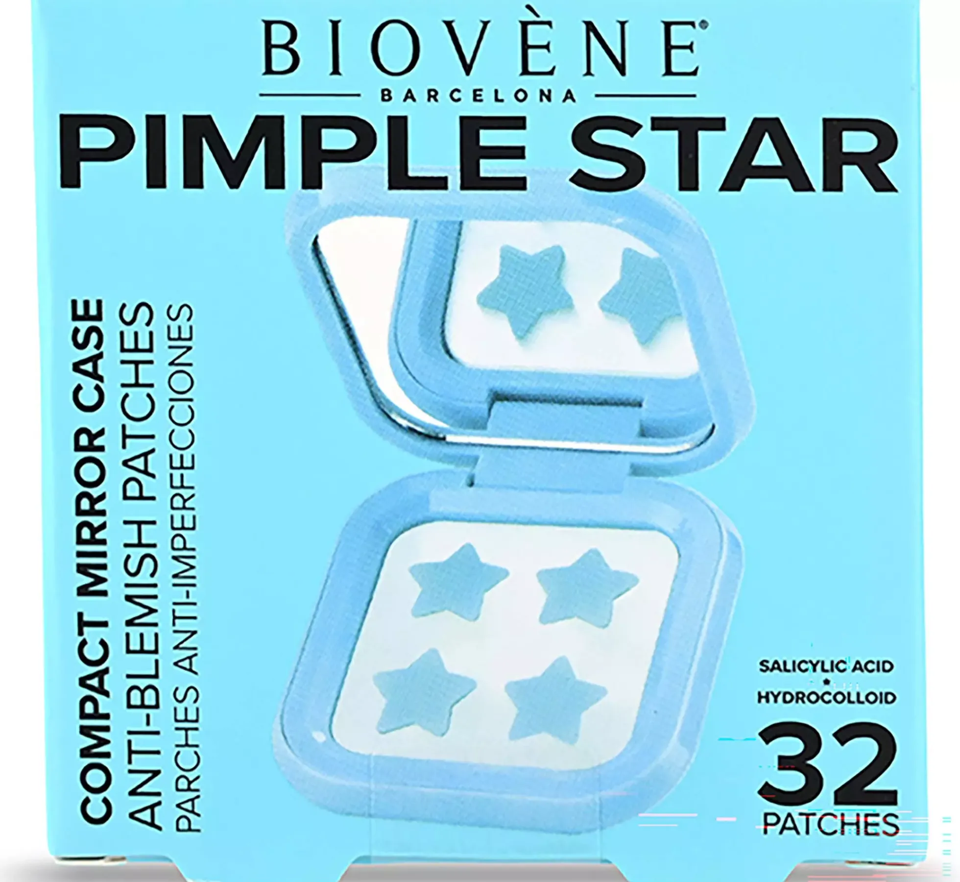 Biovène PIMPLE STAR PATCHES & MIRROR CASE Blue Pimple Patches - Anti-Blemish Stars in portable mirror case, 32 patches 4 g