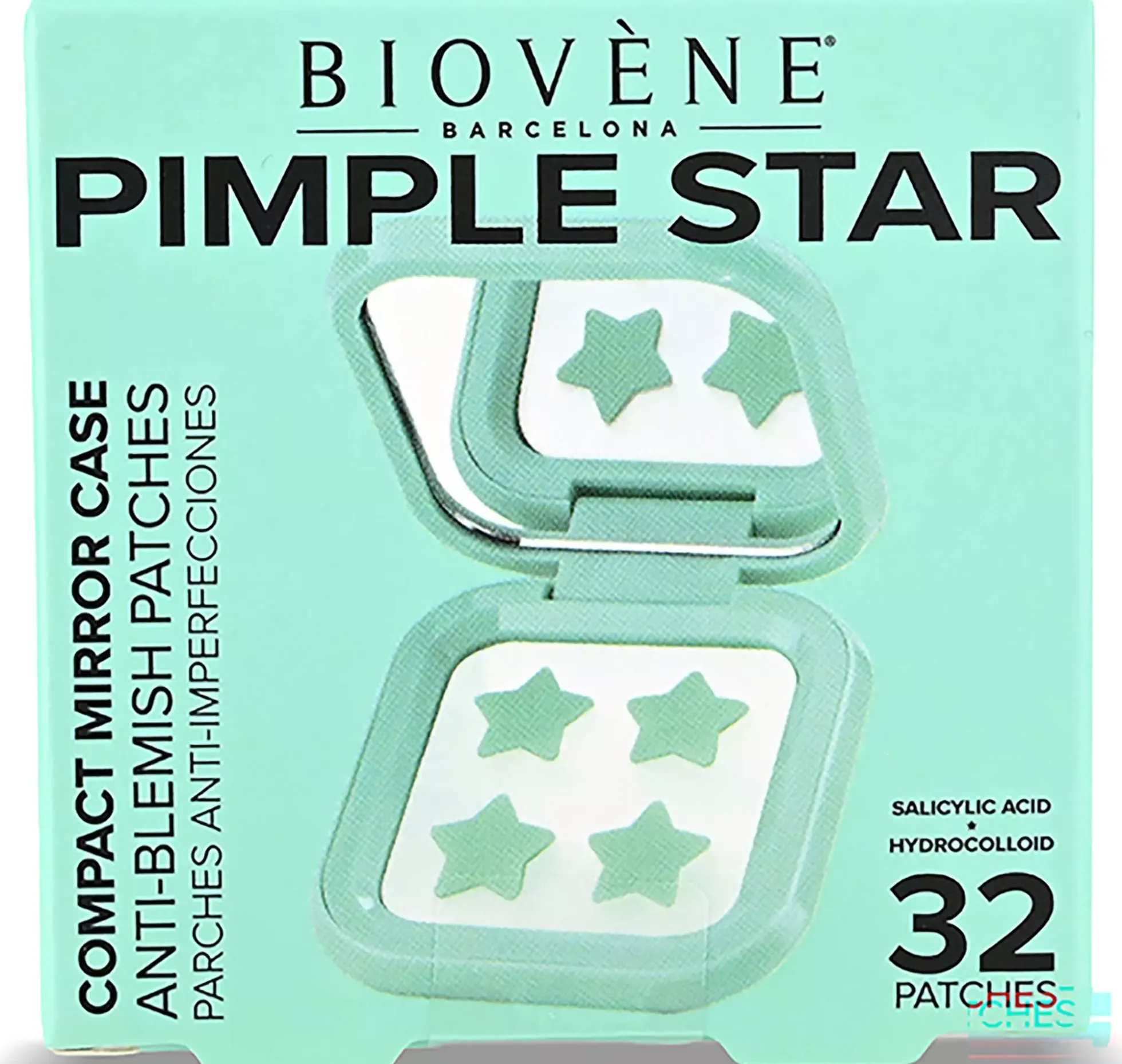 Biovène PIMPLE STAR PATCHES & MIRROR CASE Green Pimple Patches - Anti-Blemish Stars in portable mirror case, 32 patches 4 g