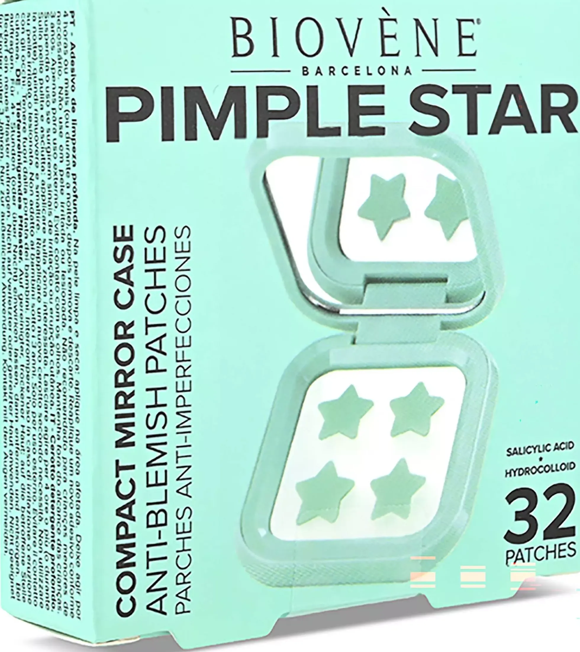 Biovène PIMPLE STAR PATCHES & MIRROR CASE Green Pimple Patches - Anti-Blemish Stars in portable mirror case, 32 patches 4 g