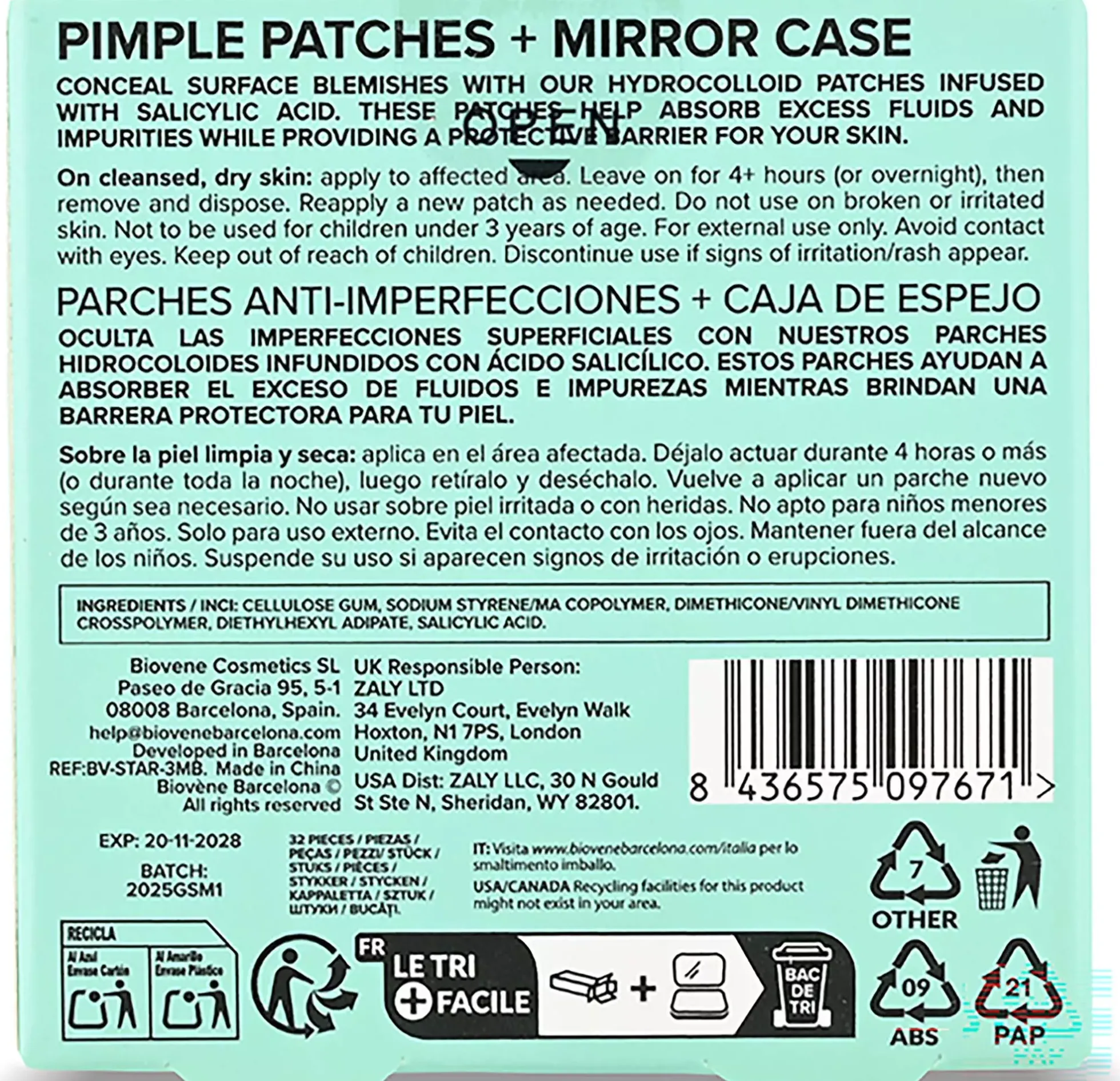 Biovène PIMPLE STAR PATCHES & MIRROR CASE Green Pimple Patches - Anti-Blemish Stars in portable mirror case, 32 patches 4 g
