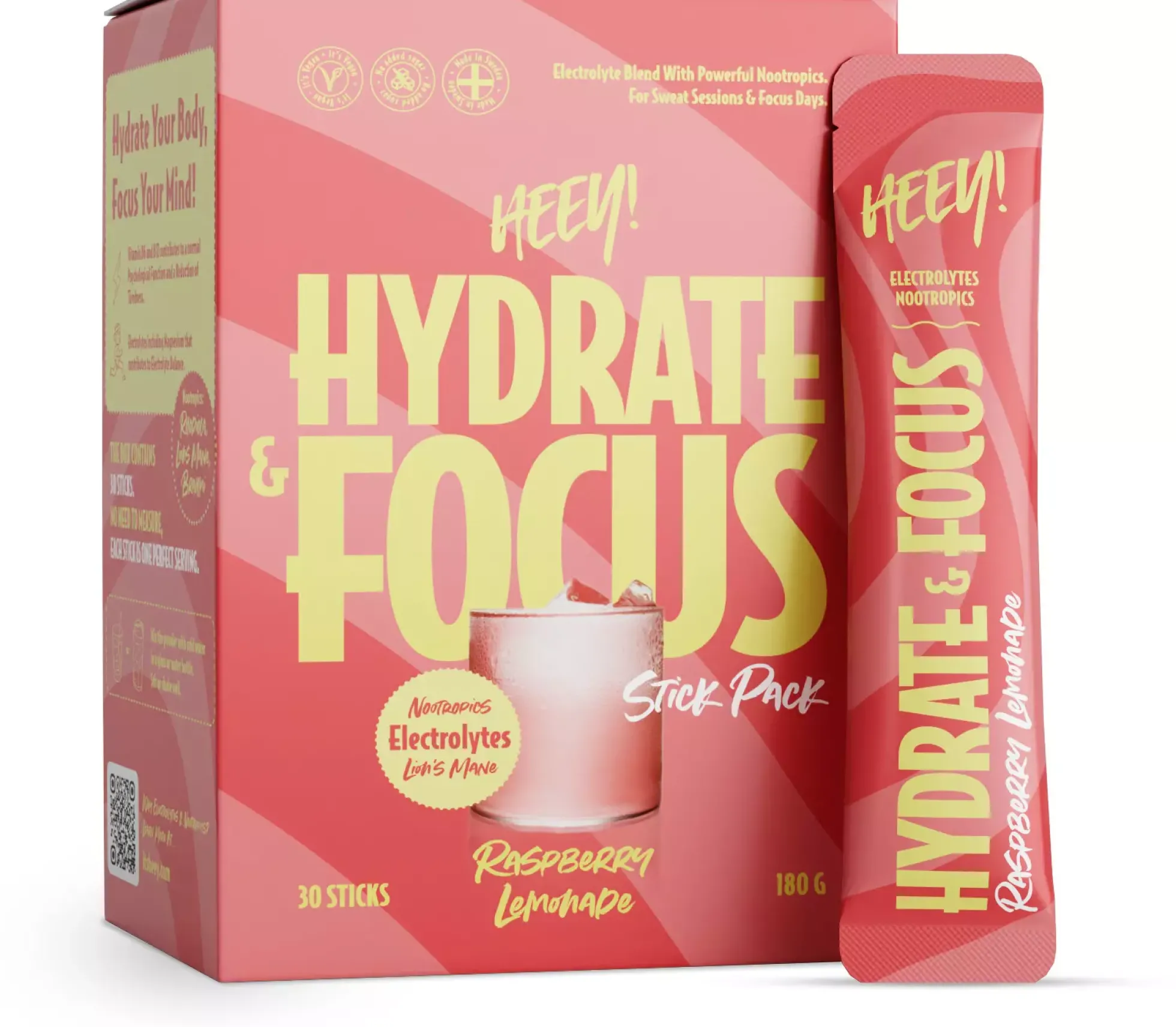 Heey! Hydrate & Focus Electrolytes Raspberry Lemonade Stick Pack 30 st