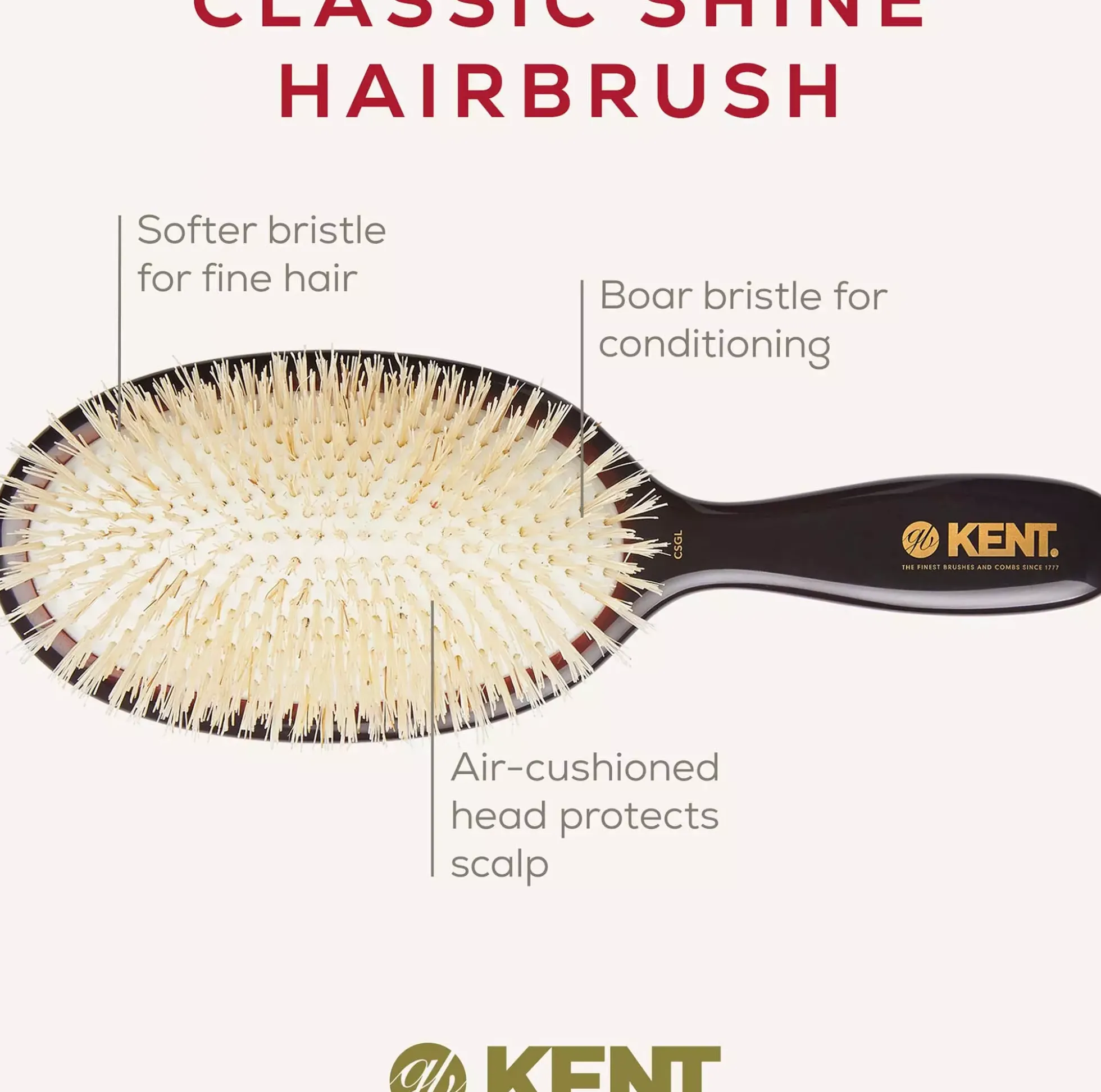 Kent Brushes Classic Shine Large Soft White Pure Bristle Hairbrush