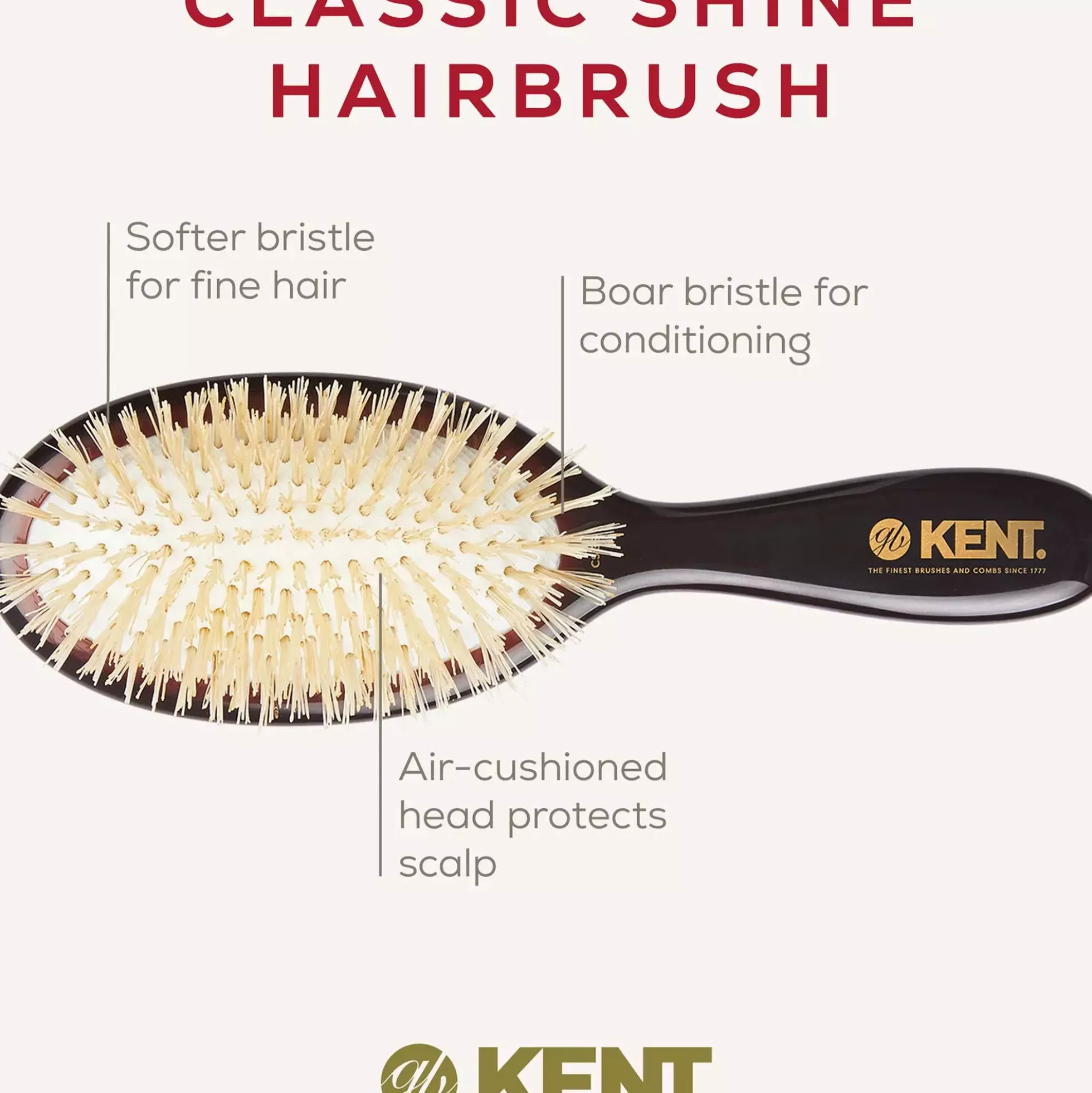 Kent Brushes Classic Shine Small Soft White Pure Bristle Hairbrush