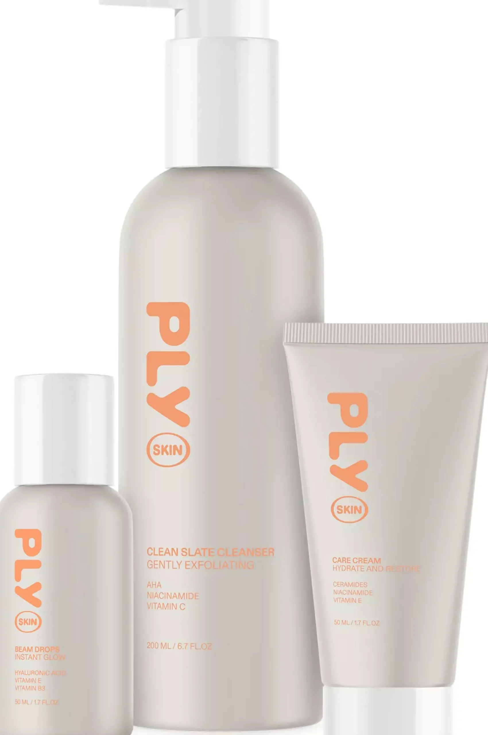 PLY Skin Skin Care Cream 50 ml & Skin Beam Drops 50 ml & Skin Clean Slate 200 ml
