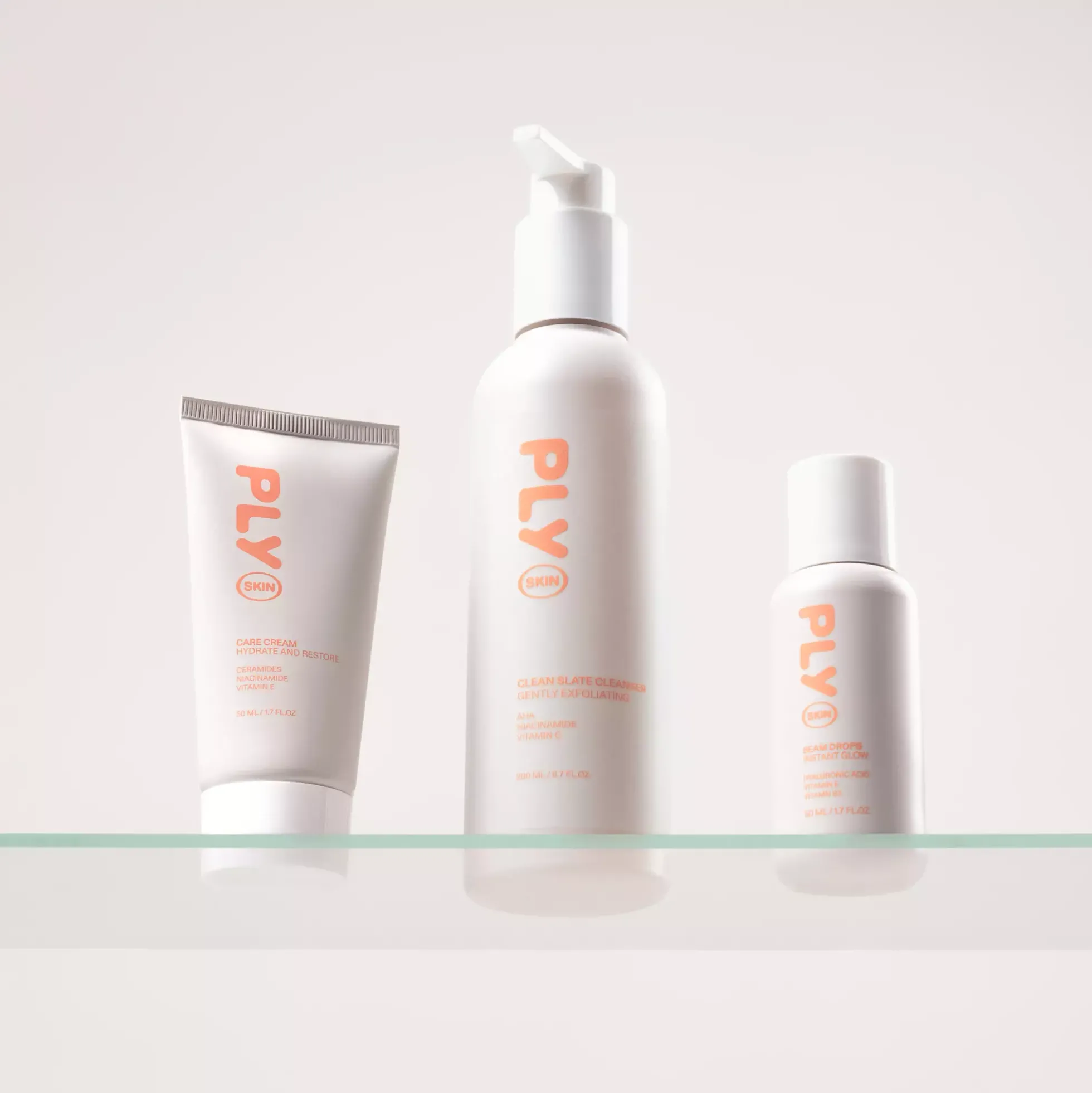 PLY Skin Skin Care Cream 50 ml & Skin Beam Drops 50 ml & Skin Clean Slate 200 ml