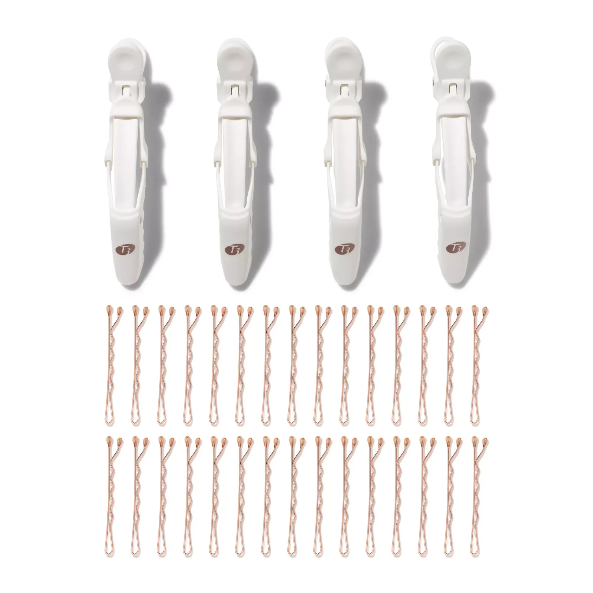 T3 Clip Kit with 4 Alligator Clips and 30 Rose Gold Bobby Pins White/Rose Gold